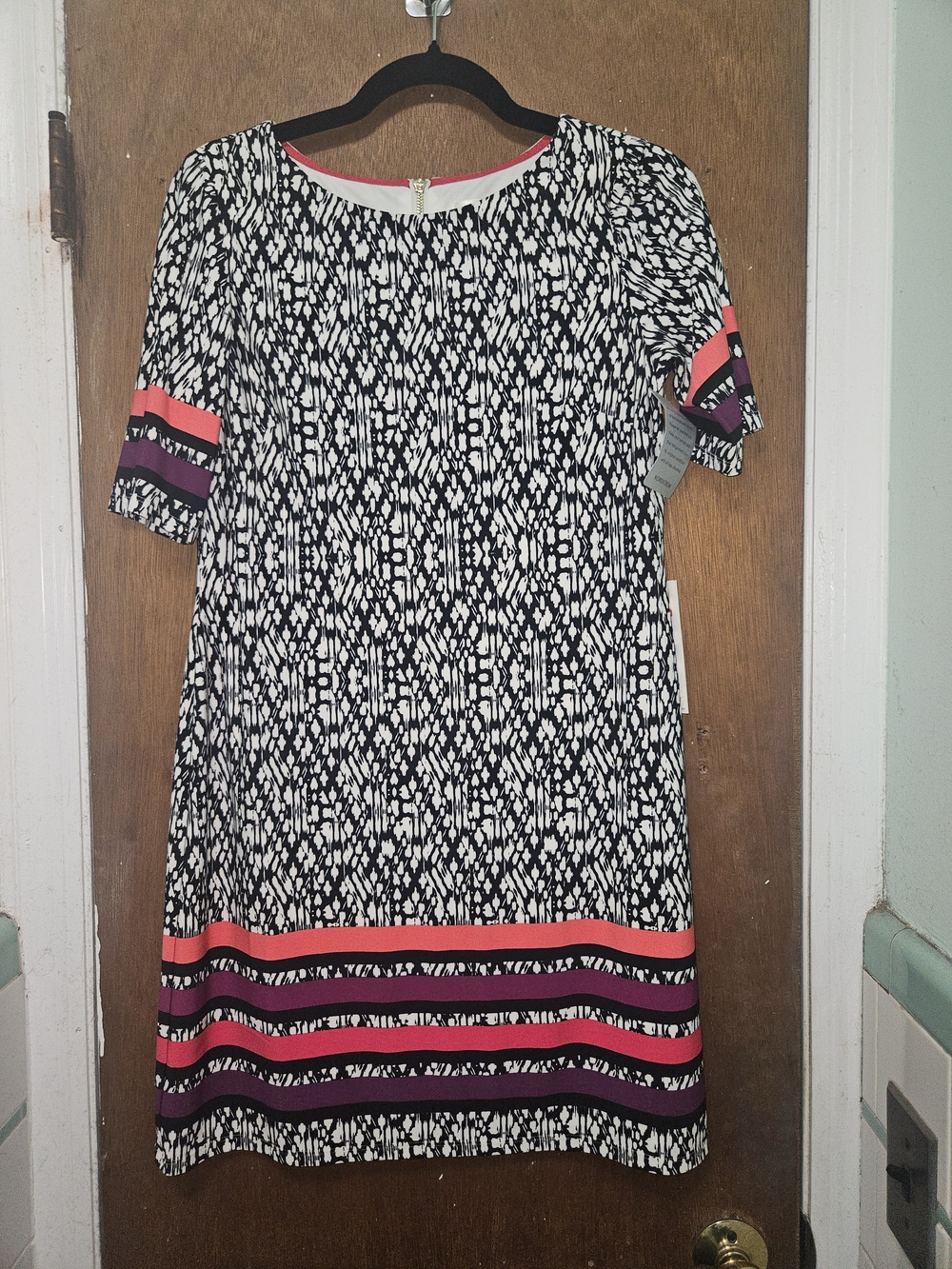 Eliza J Black & White Printed Midi Dress with Coral and Purple Stripes